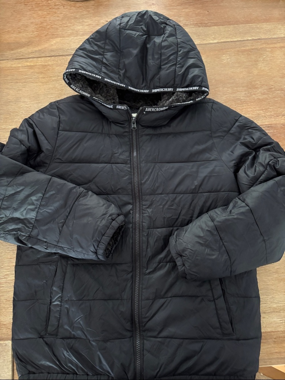 abercrombie kids Black Quilted Puffer Jacket with Faux Fur Lining